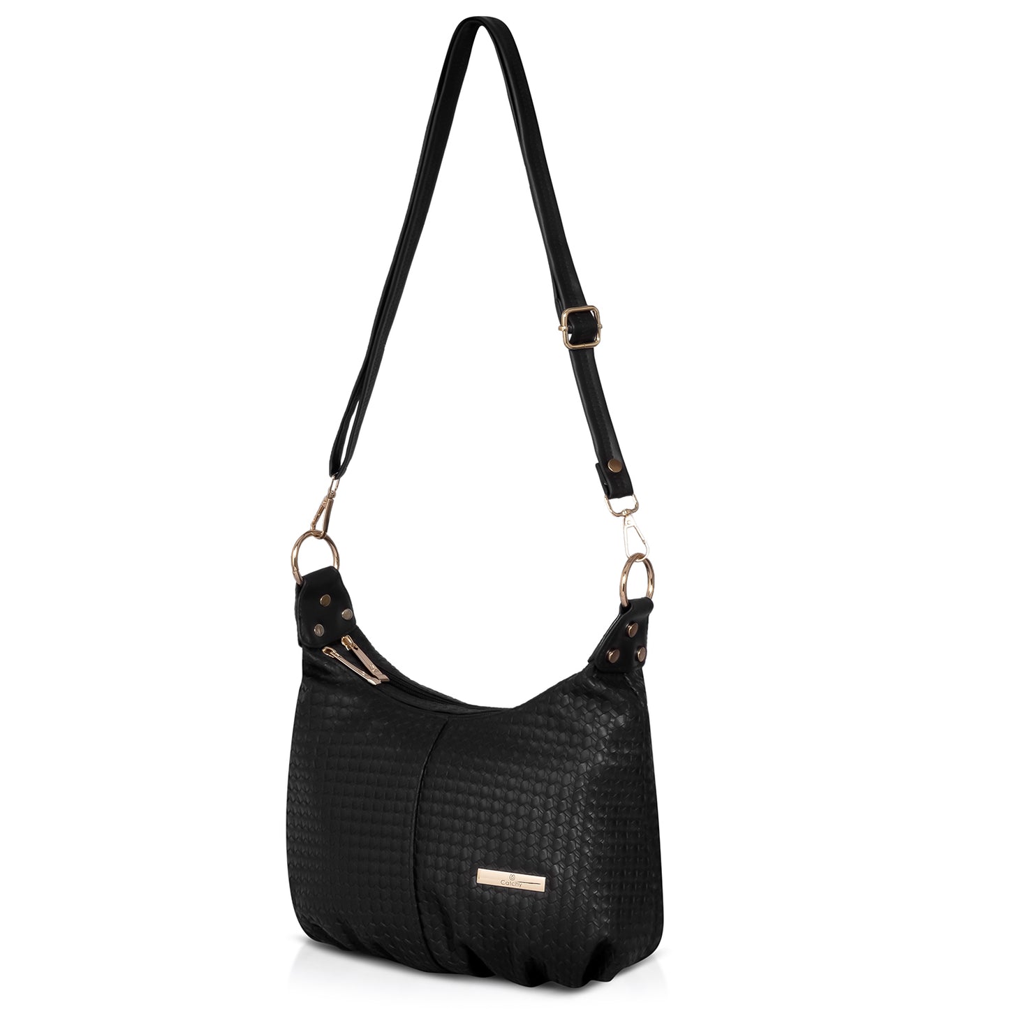 Elegant black shoulder bag with quilted texture and gold accents.