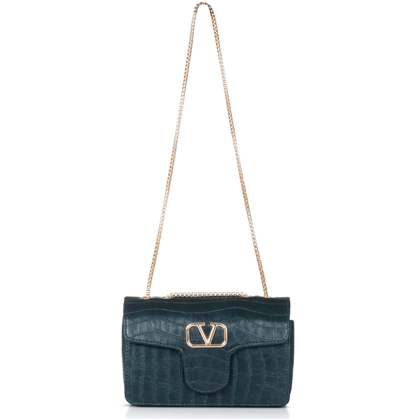 Black croc-embossed handbag with a detachable strap, styled as a clutch for a formal event.
