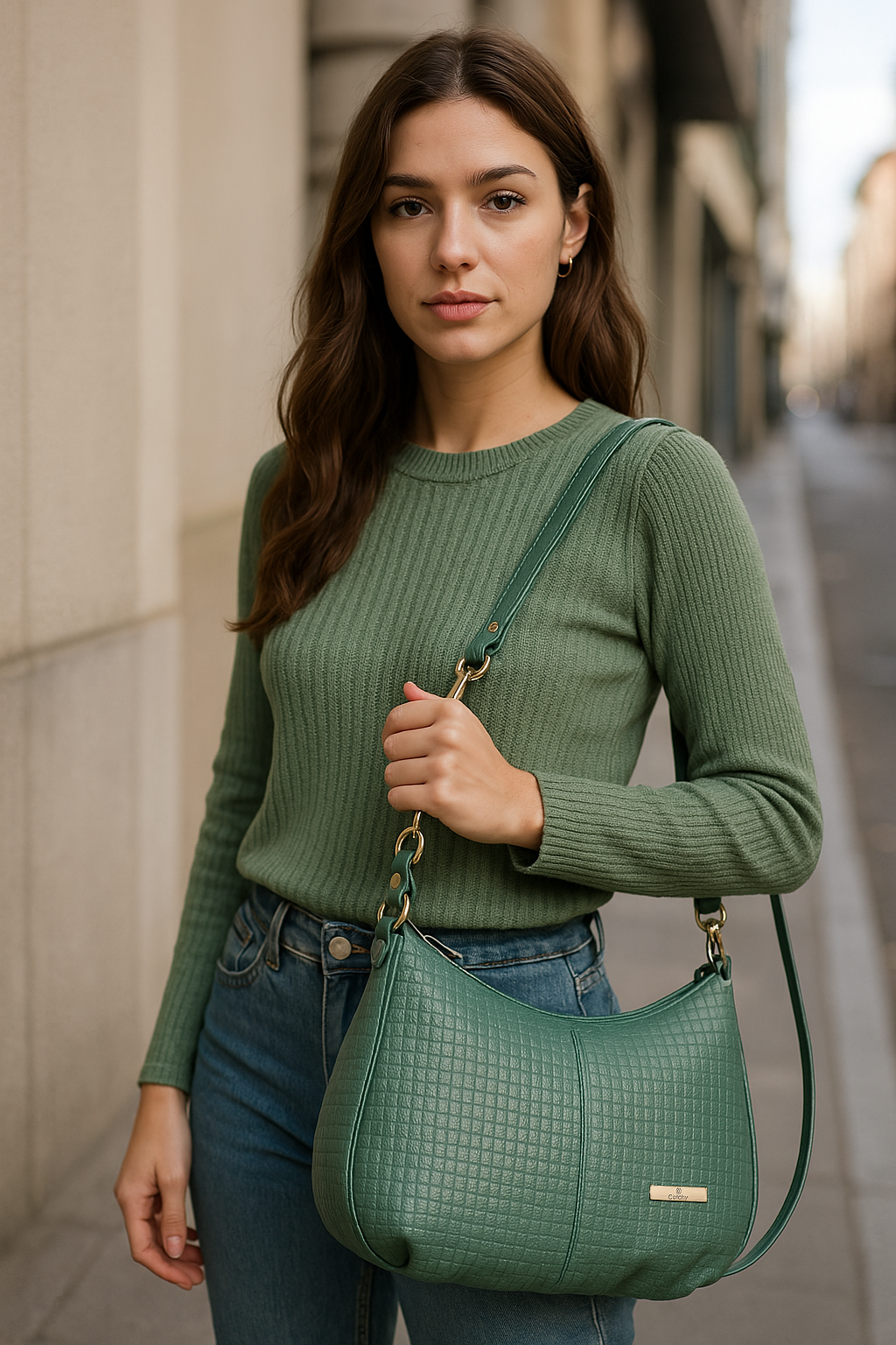 Sophisticated black textured bag with gold chain for chic style.