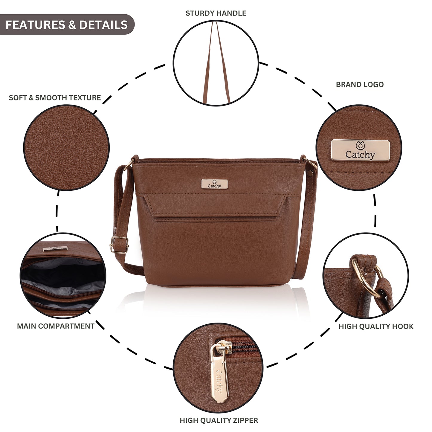 Branded sling bags for women in blue flat lay.