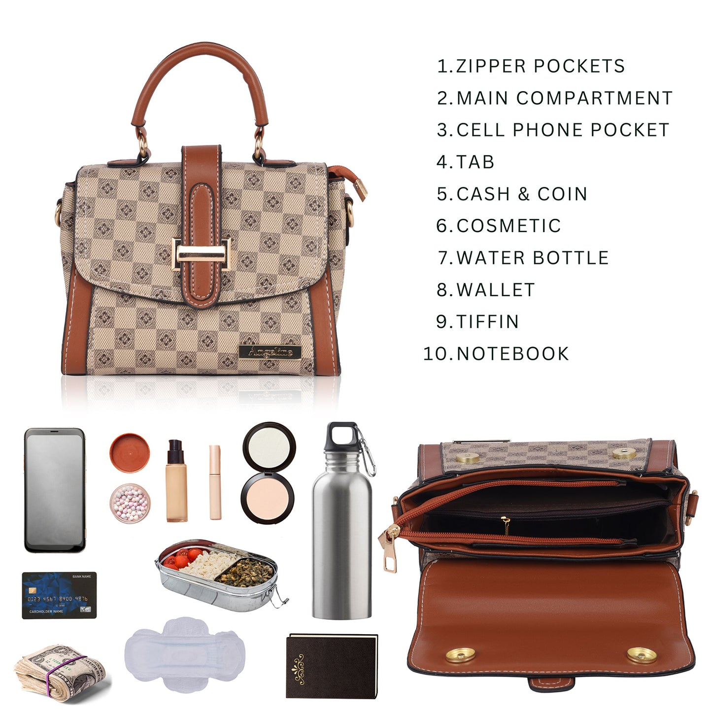 Structured tan and coffee brown sling bag with multiple compartments, holding essentials like a water bottle, wallet, phone, notebook, and cosmetics – perfect for everyday use.