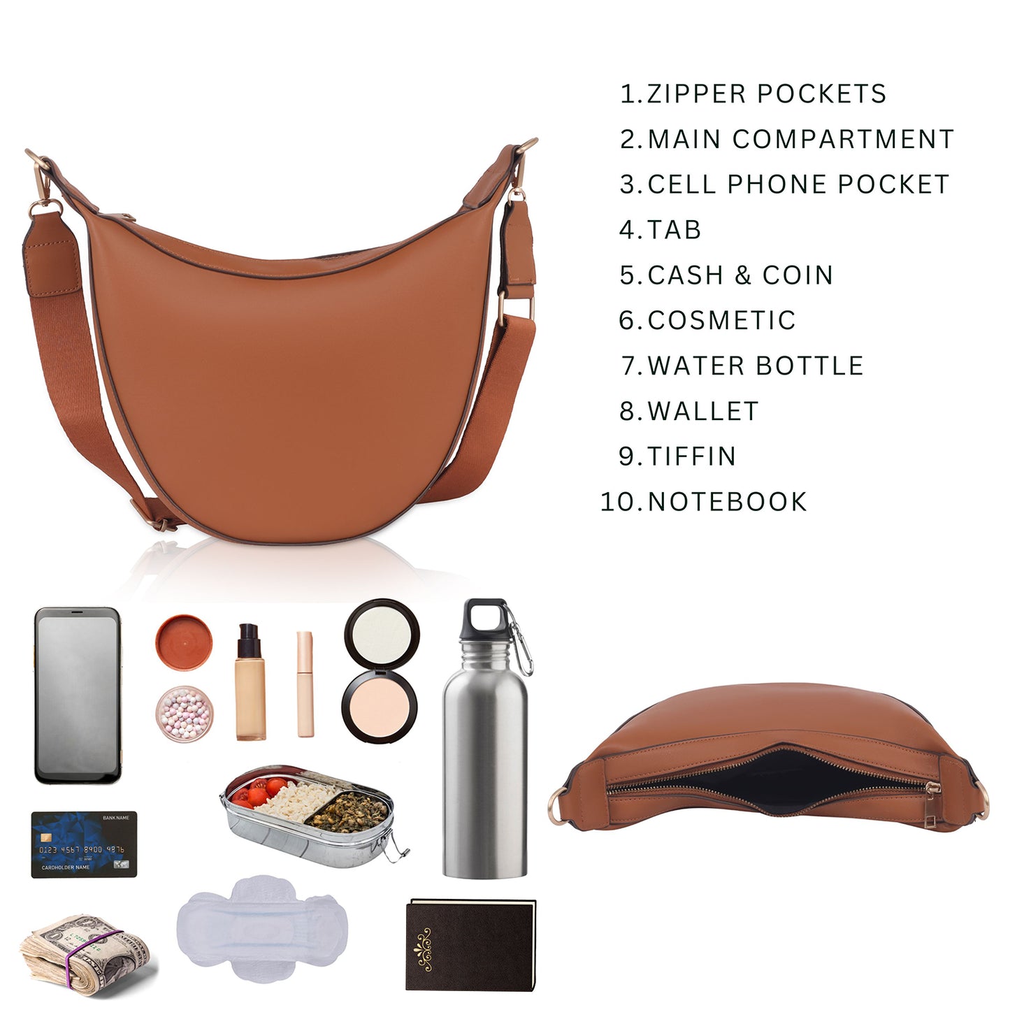Everyday use sling bag packed for work essentials.