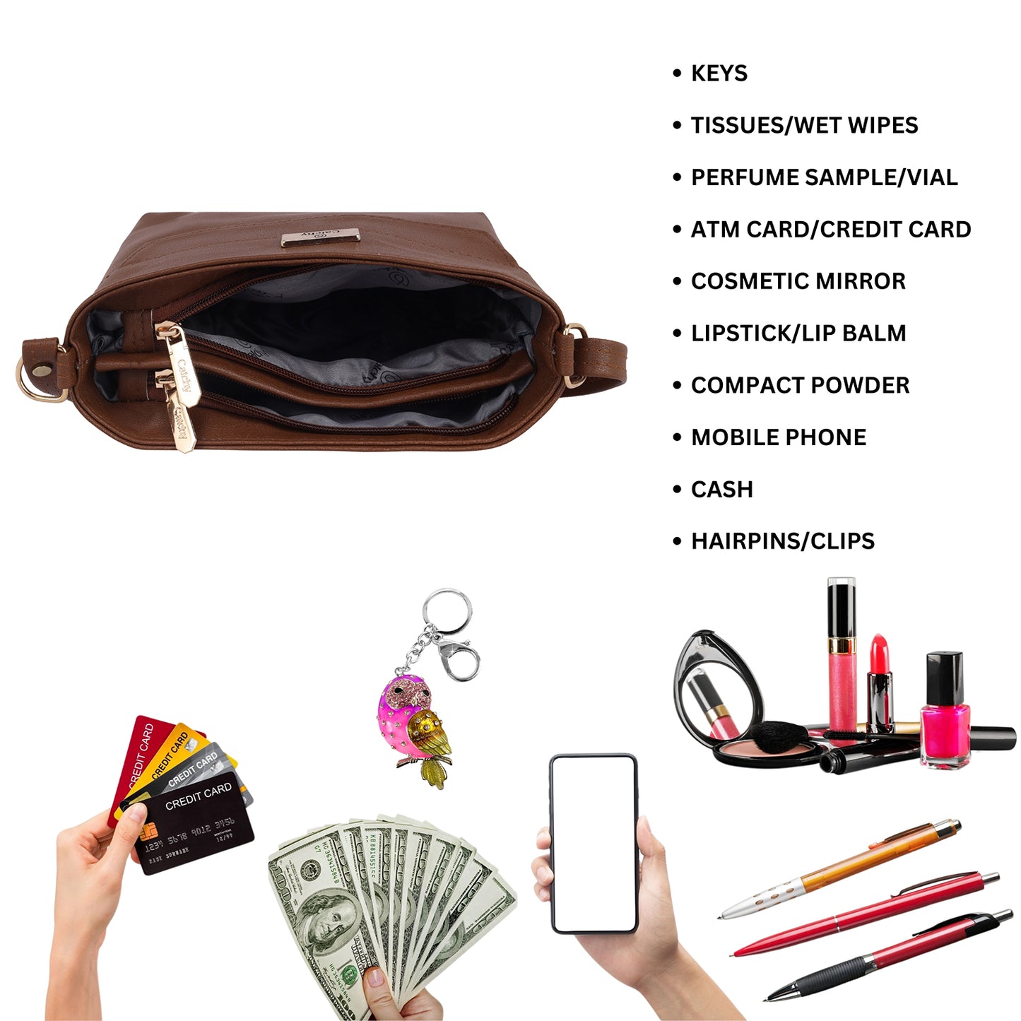 Branded sling bags for women with blue stitching.