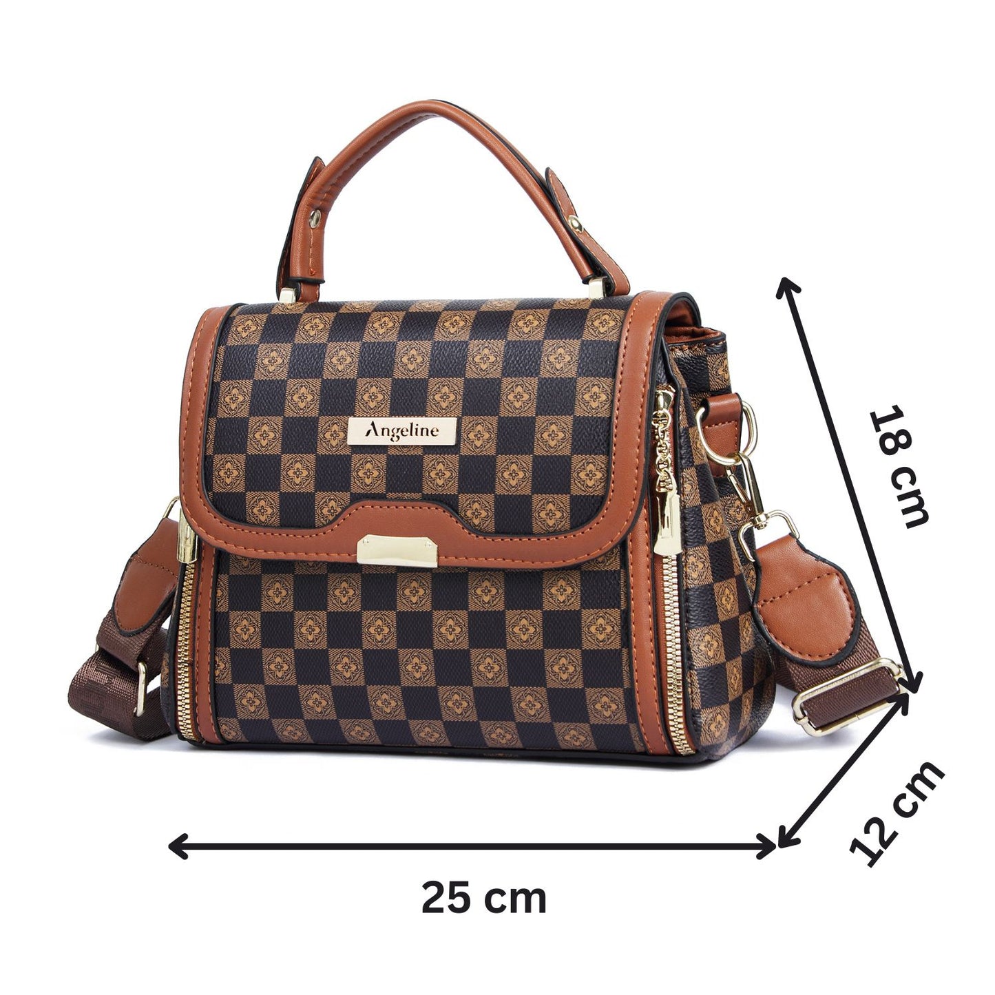 A brown and black checkered Angeline sling bag with gold hardware and a detachable strap.