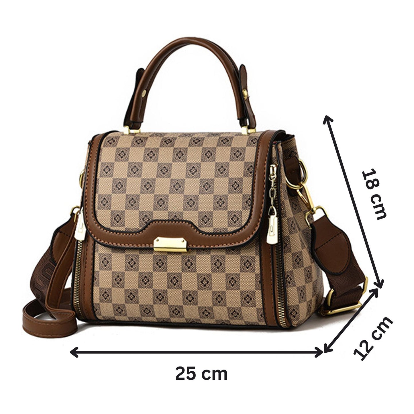 Tan brown PU leather structured sling bag with a geometric pattern, gold hardware, detachable shoulder strap, and stylish handle for a comfortable carry.