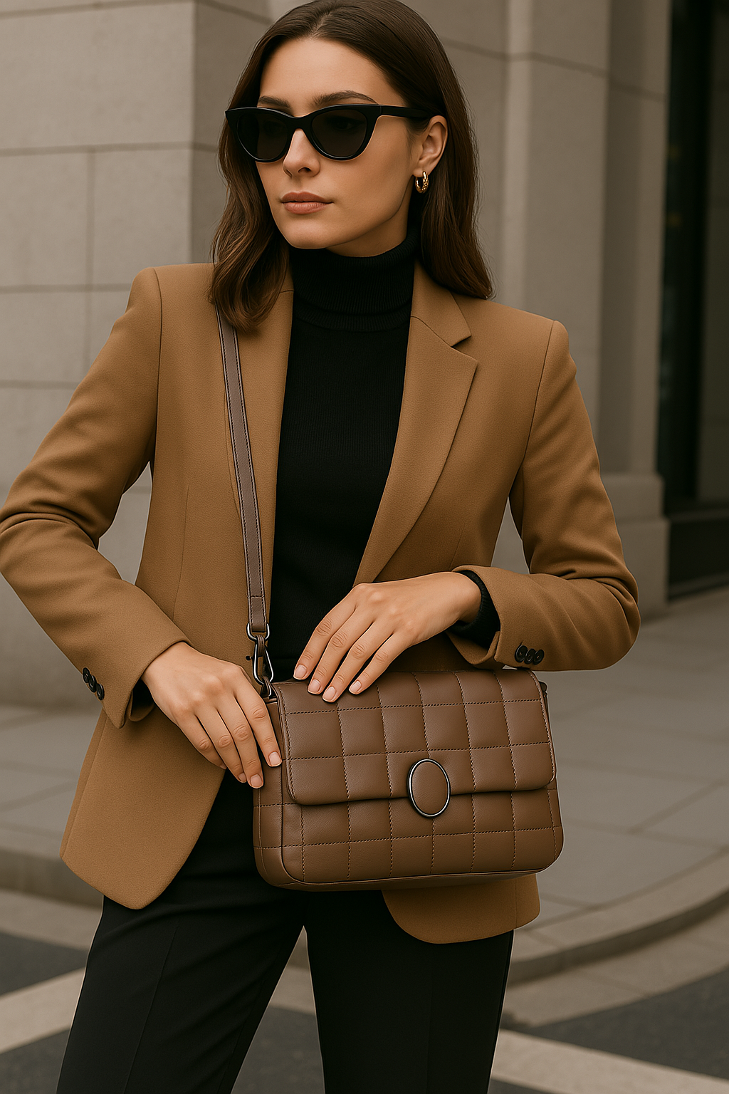 Black crossbody bag with quilted texture, designed for women seeking chic style.