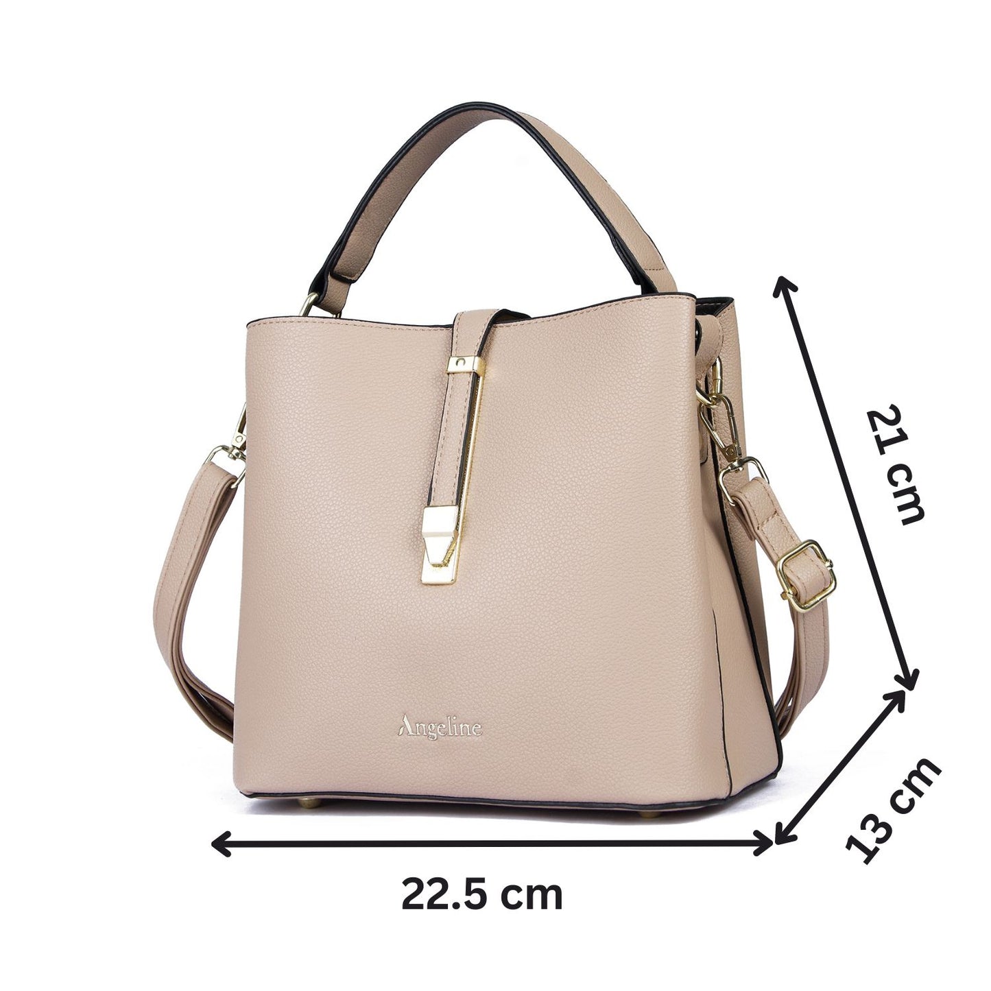 A beige Angeline women's tote bag with pockets, featuring a stylish clasp closure and a detachable shoulder strap.