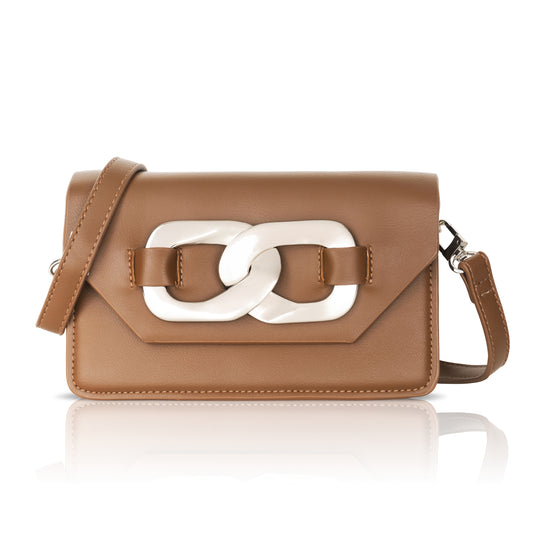 Classic brown leather sling bag with white chain-link closure – perfect for evening strolls.