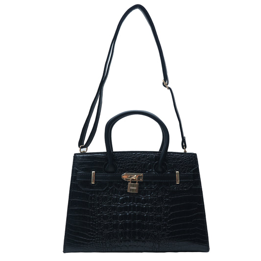 Stylish handbag with lock design in black synthetic leather.