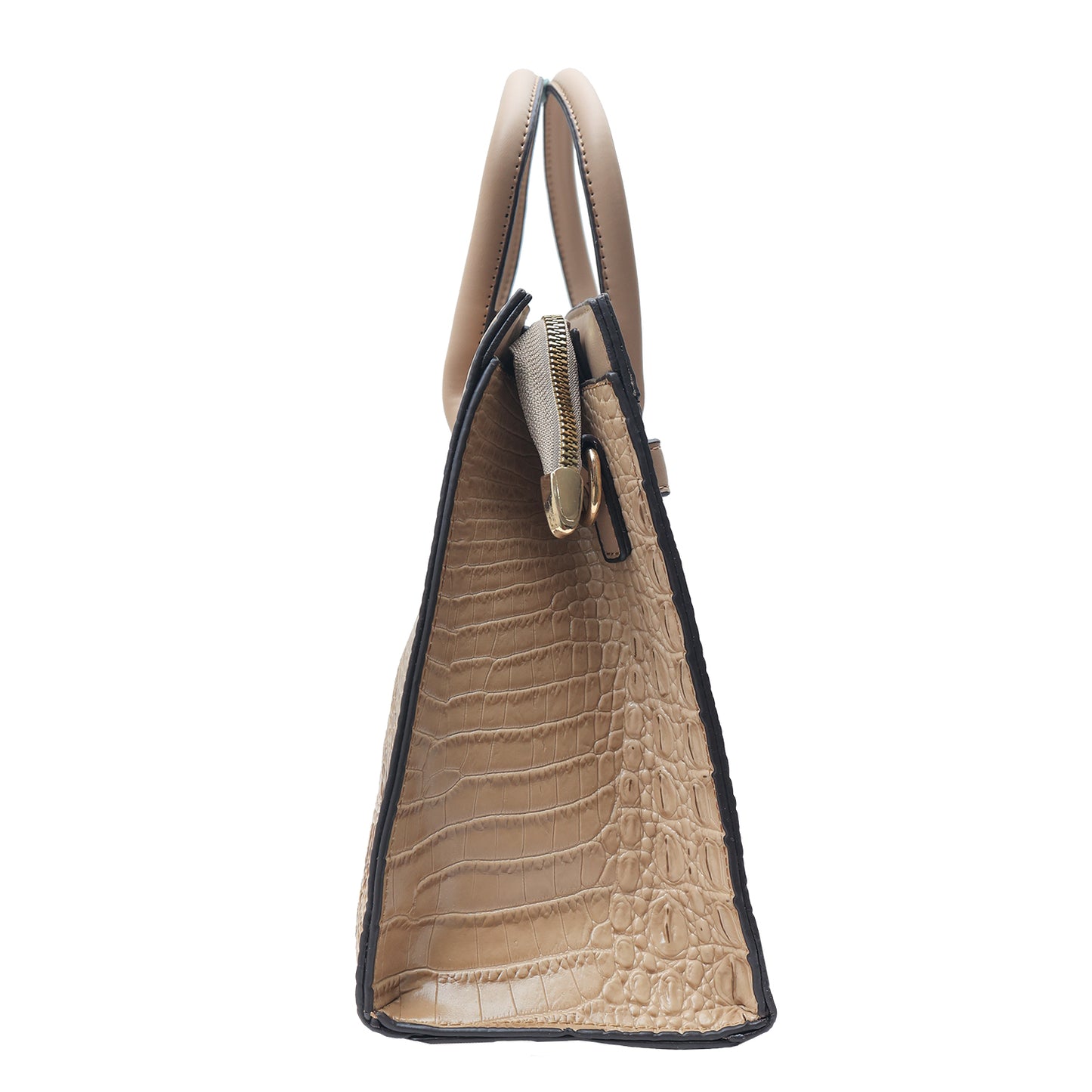 Stylish handbag with lock design on white background.
