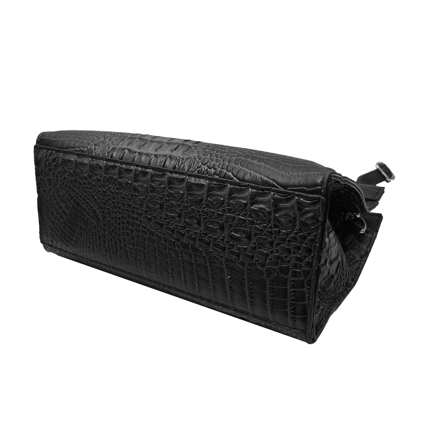 Close-up of handbag with lock design for elegant style.