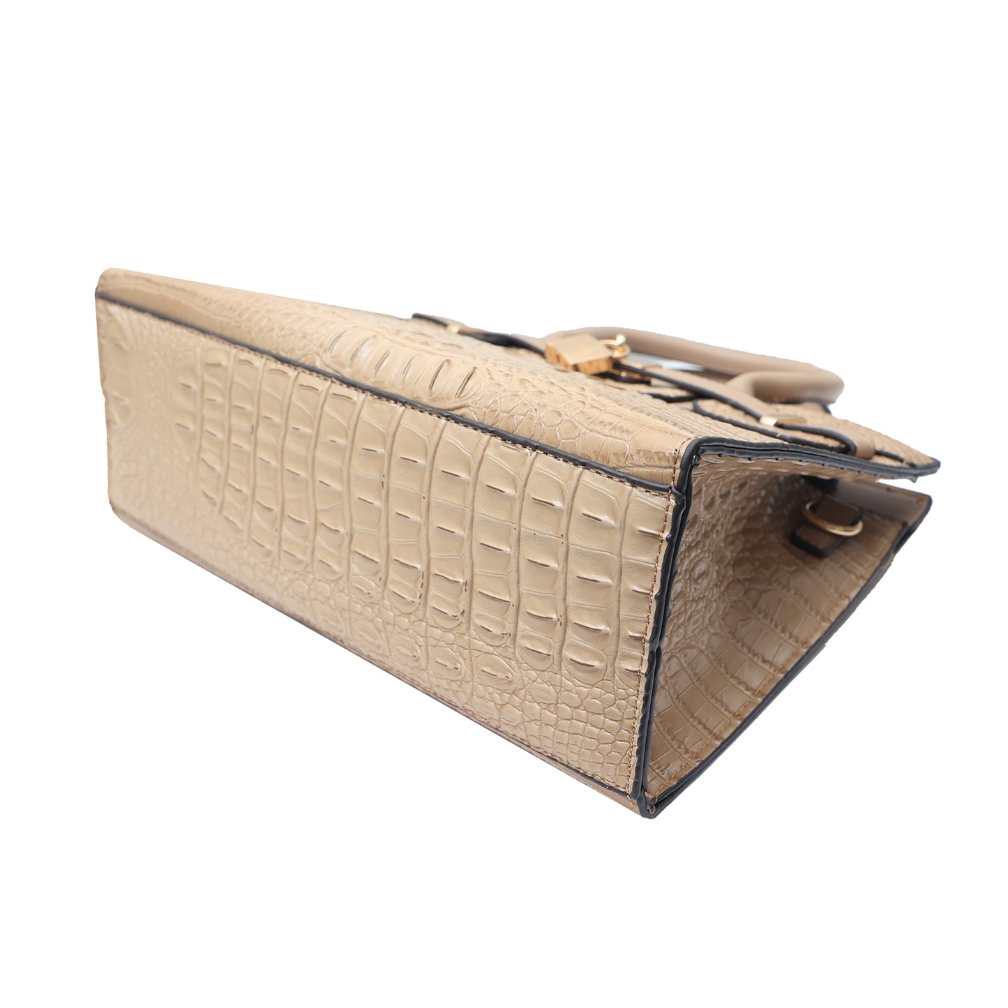 Front view of handbag with lock design for bold look.