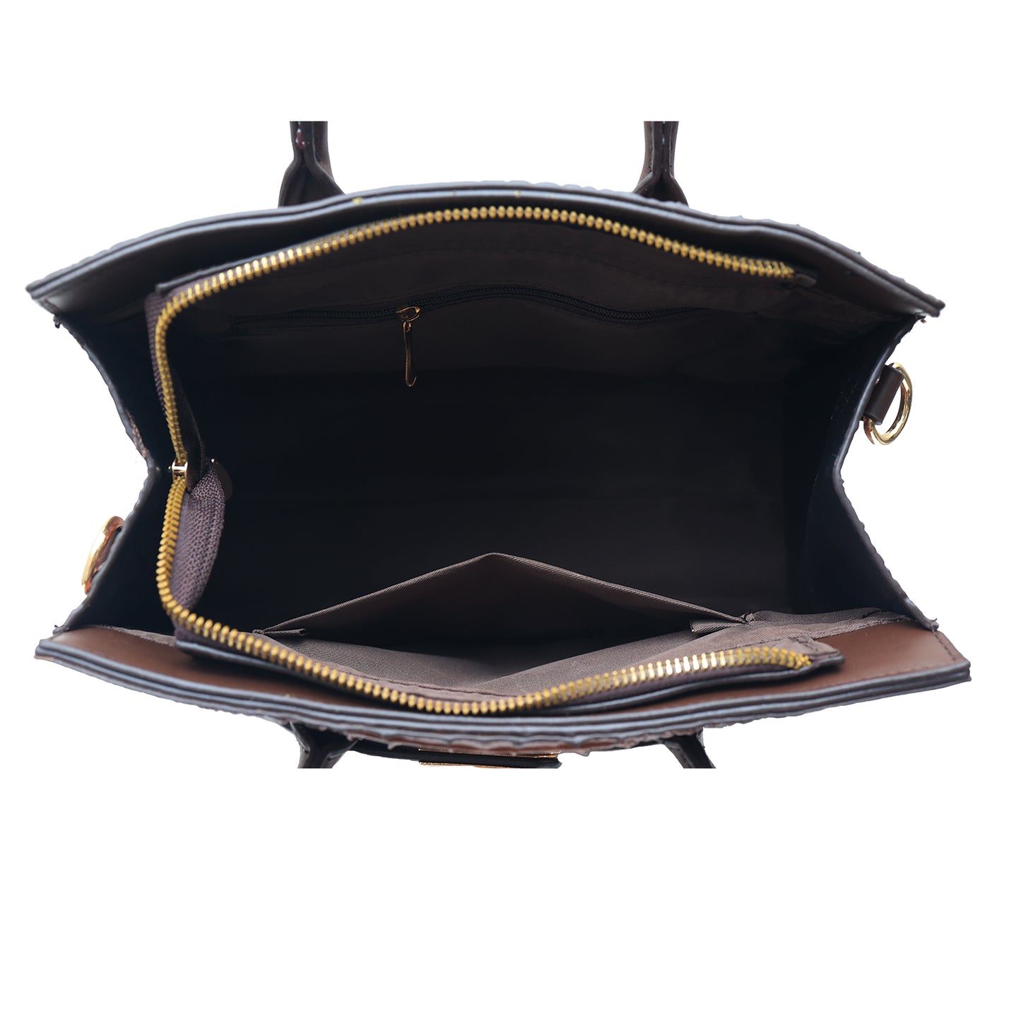 Open view of stylish handbag in beige synthetic leather.