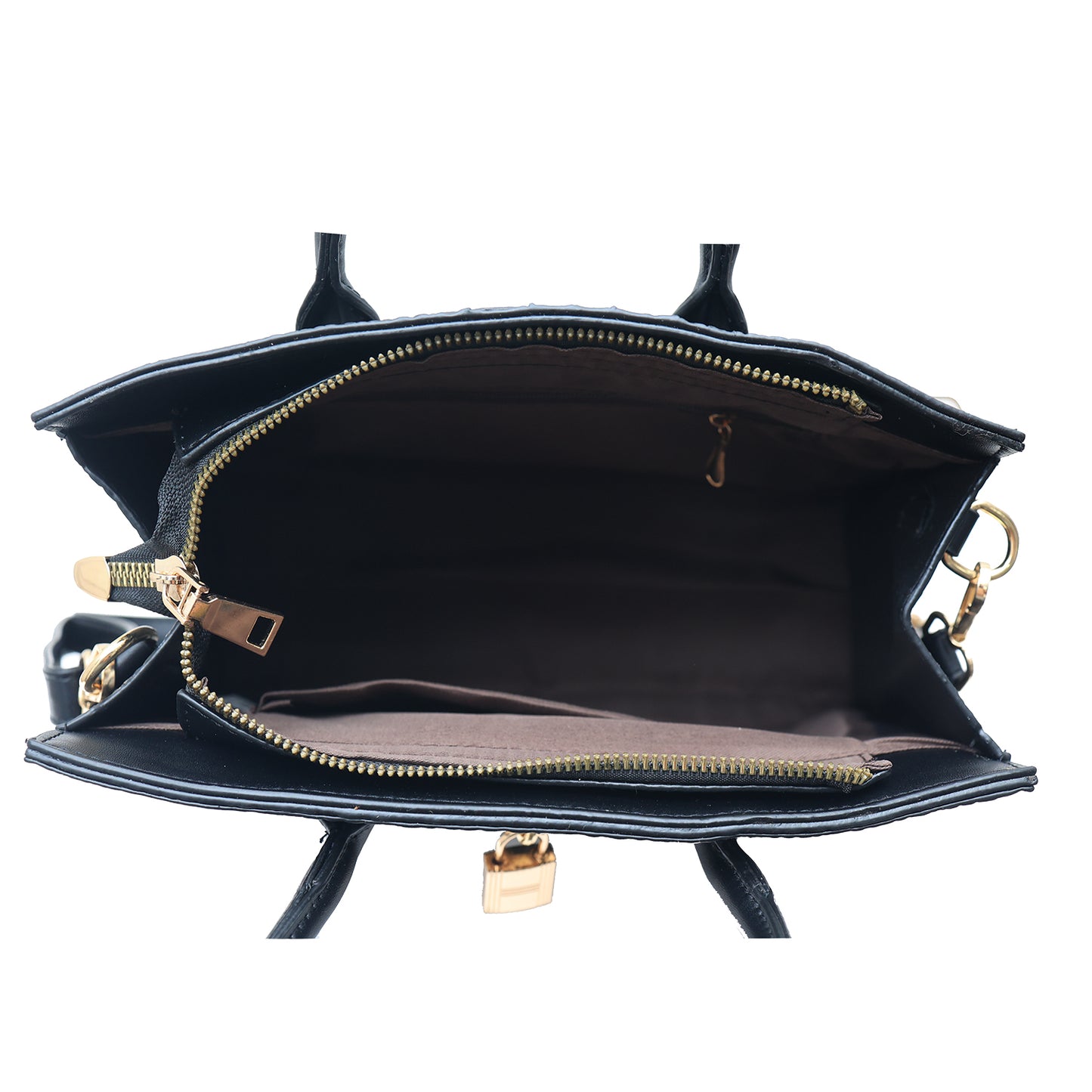 Side view of stylish handbag in beige synthetic leather.