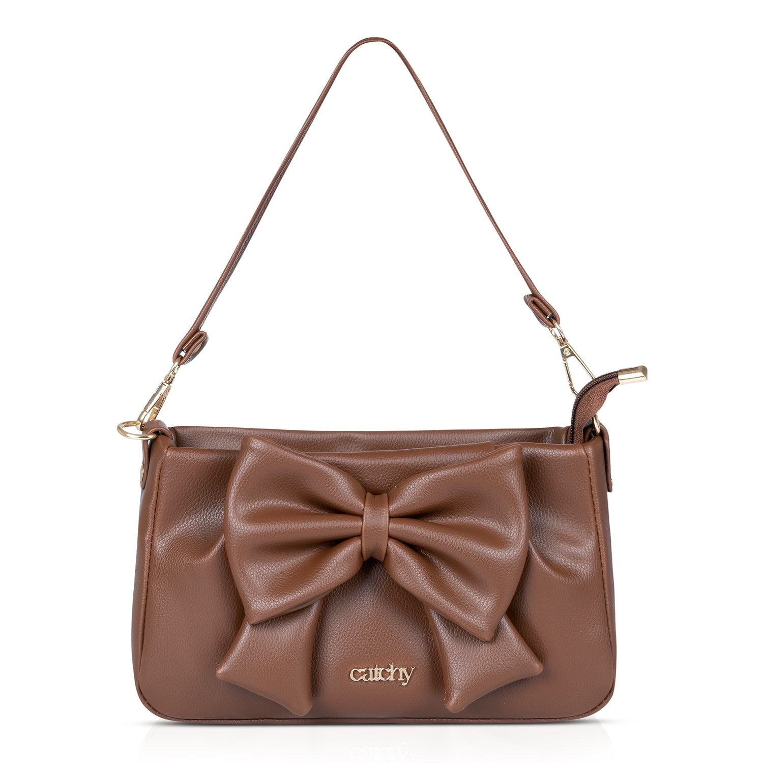 Elegant Brown Bow Handbag in premium PU leather with bow accent on a white background.