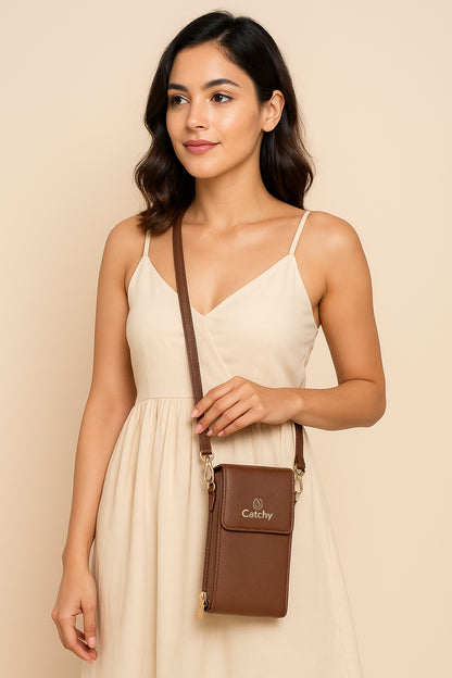 Catchy Women’s PU Mobile Sling Pouch – Compact Crossbody Mini Bag with Clasp Closure & Adjustable Strap