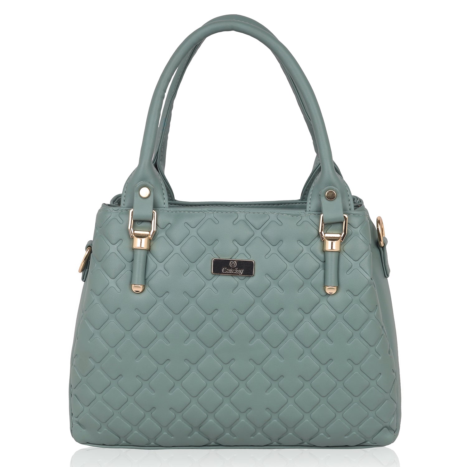 Side view of catchy women hand bag in beige leather.