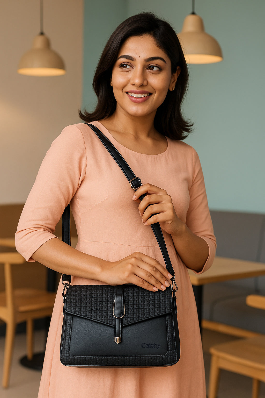 Catchy Women’s Textured Sling Bag – Stylish PU Crossbody Bag with Clasp Closure & Adjustable Strap