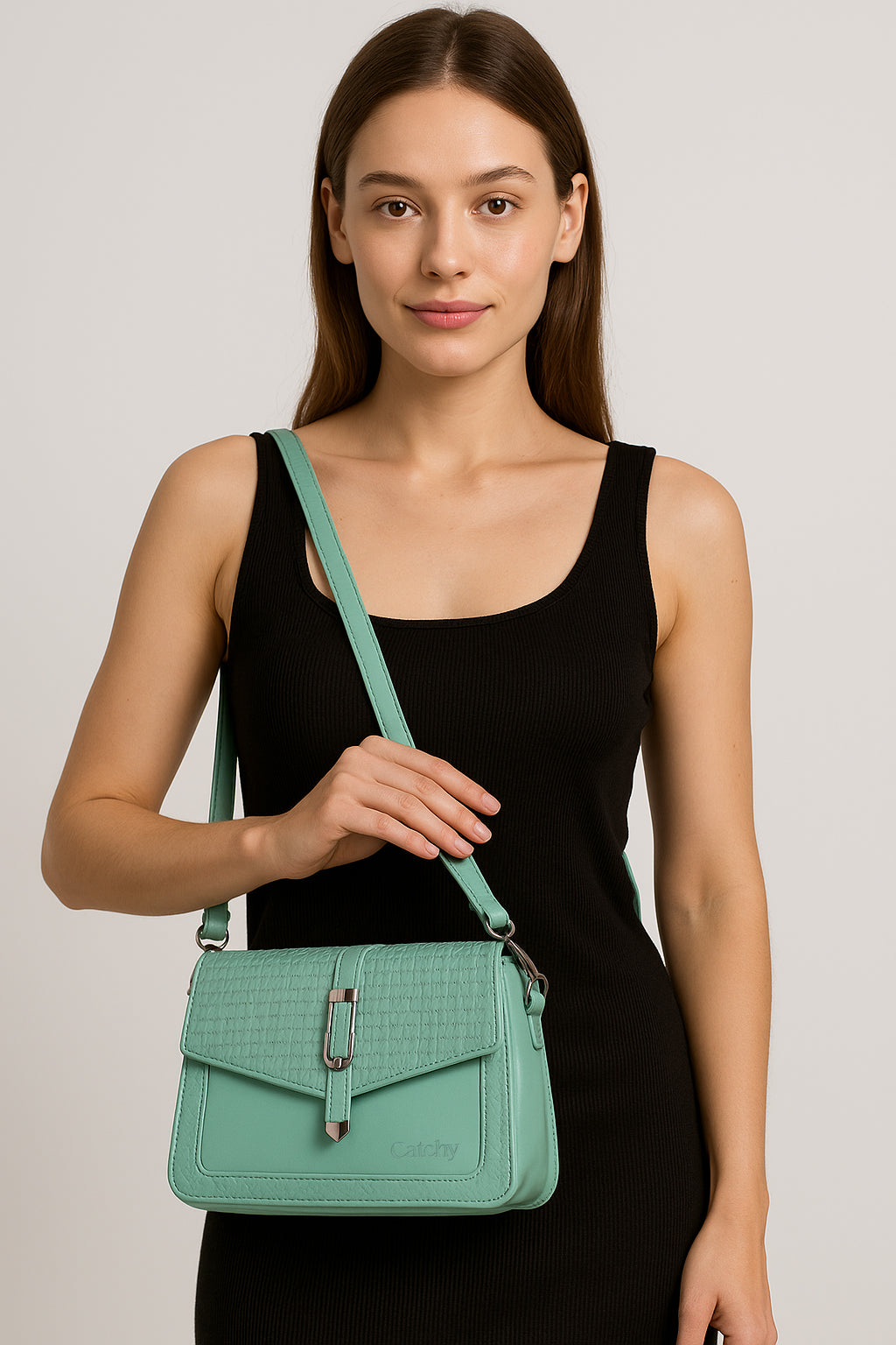 Catchy Women’s Textured Sling Bag – Stylish PU Crossbody Bag with Clasp Closure & Adjustable Strap