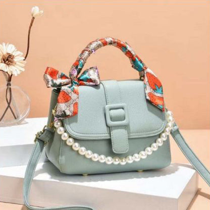 Stylish Grey Angeline casual sling bag with scarf design and pearl handle