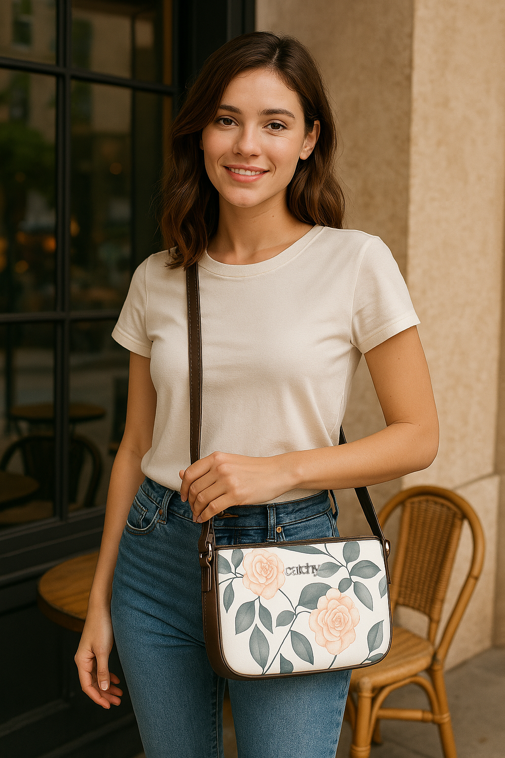 Chic green sling bag with floral print, blending style and functionality.