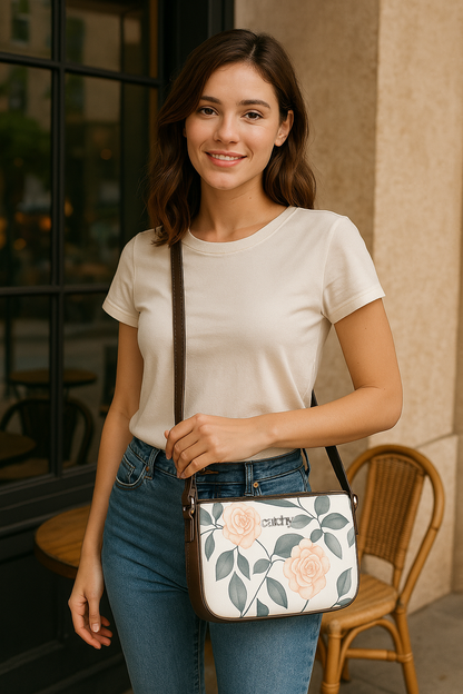Chic green sling bag with floral print, blending style and functionality.