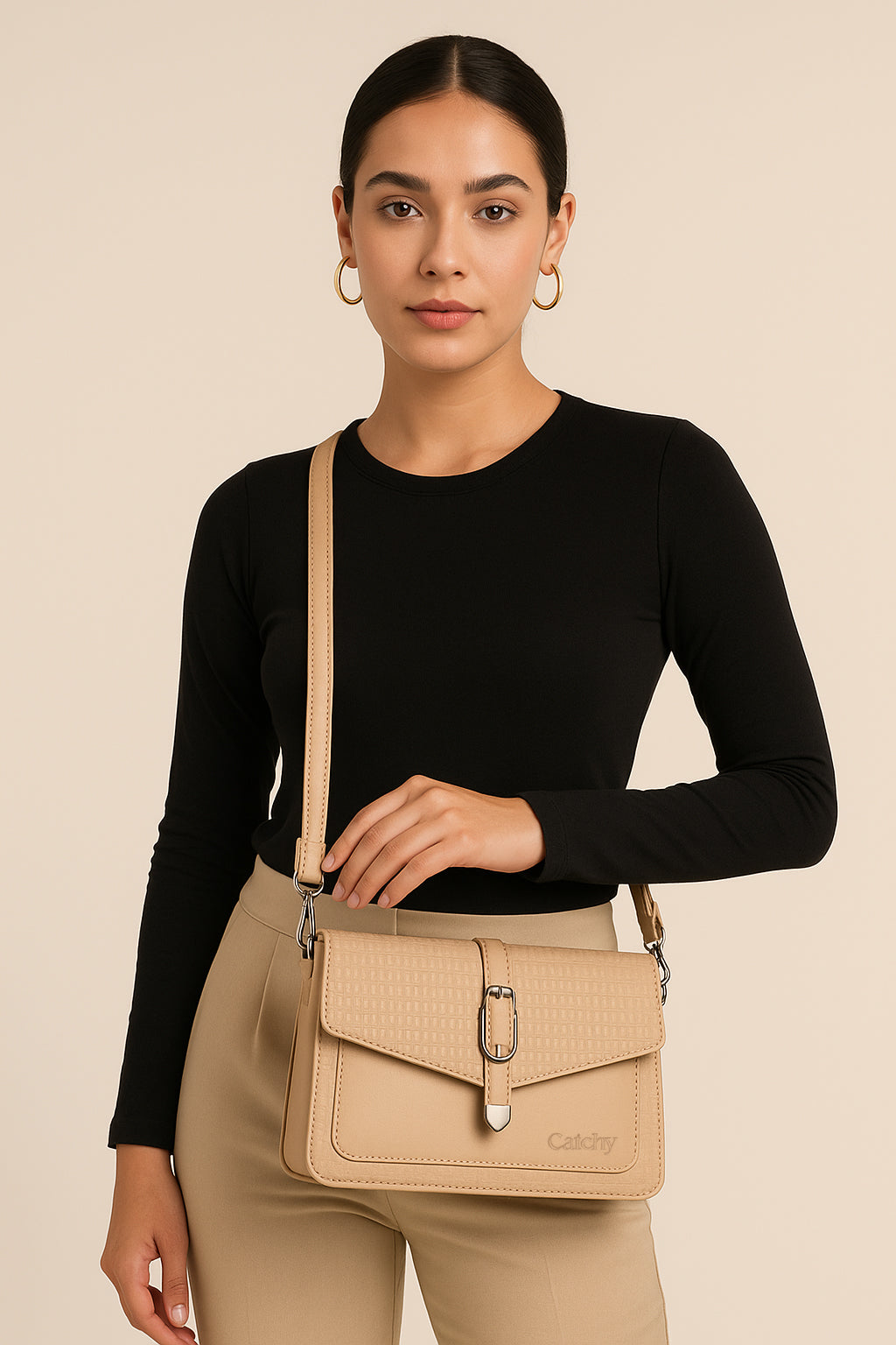 Catchy Women’s Textured Sling Bag – Stylish PU Crossbody Bag with Clasp Closure & Adjustable Strap