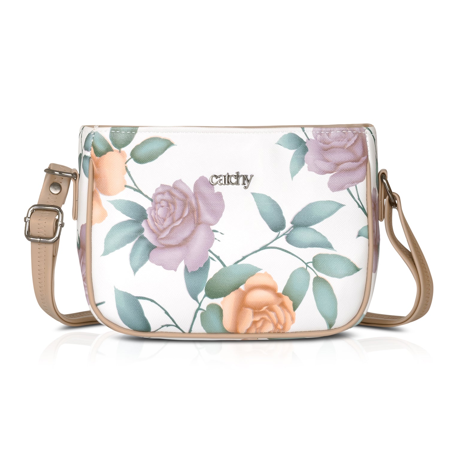 Modern green floral sling bag with compartments for phone and essentials.