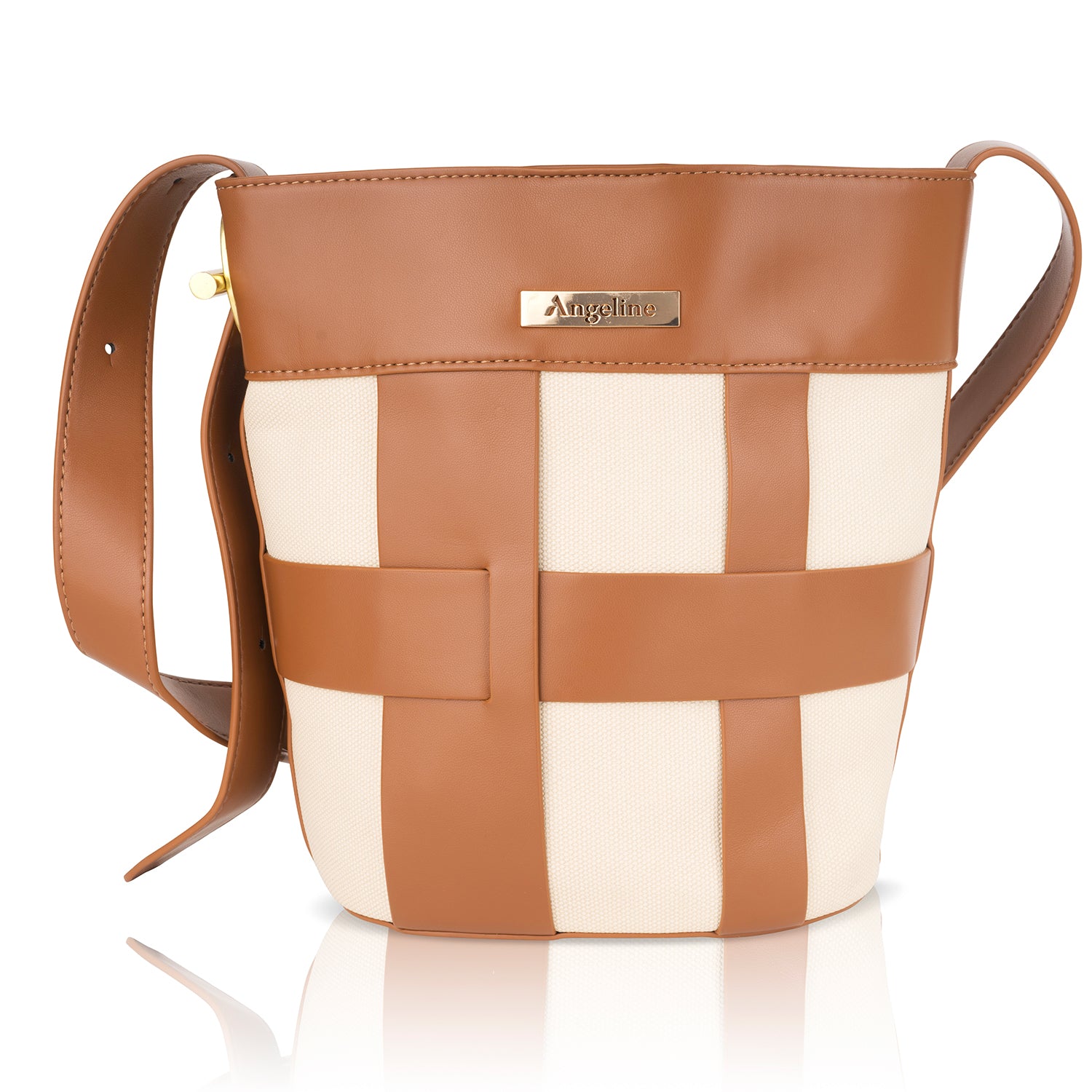 Angeline's brown and beige woven canvas tote bag with leather strap and gold hardware.