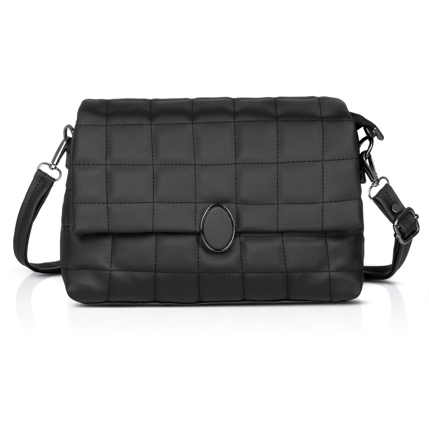 Black quilted crossbody bag with gold chain strap, perfect for elegant women’s outfits.