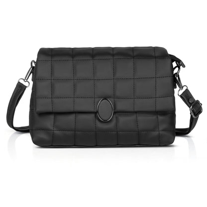 Black quilted crossbody bag with gold chain strap, perfect for elegant women’s outfits.