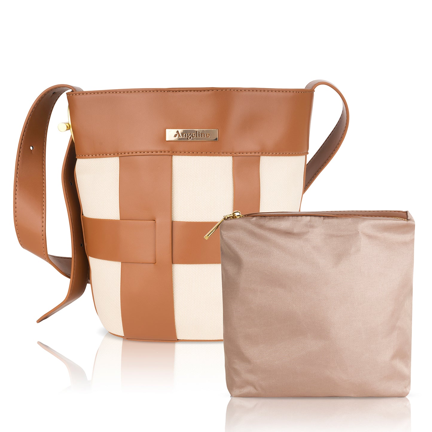 A stylish brown and white checkered canvas bucket bag with brown leather straps and a small brown pouch, featuring a gold "Angeline" logo on the front.