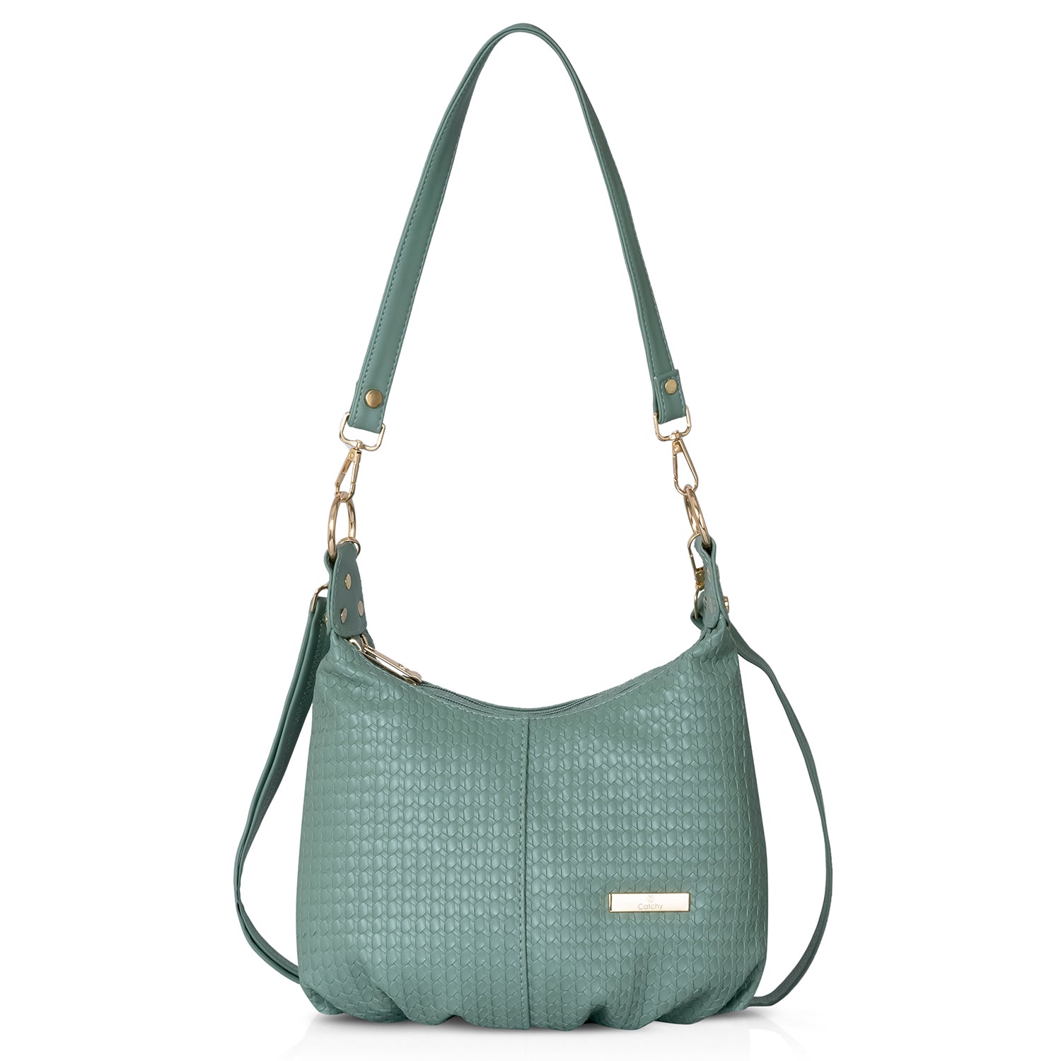 Black quilted shoulder bag with gold hardware for bold looks.