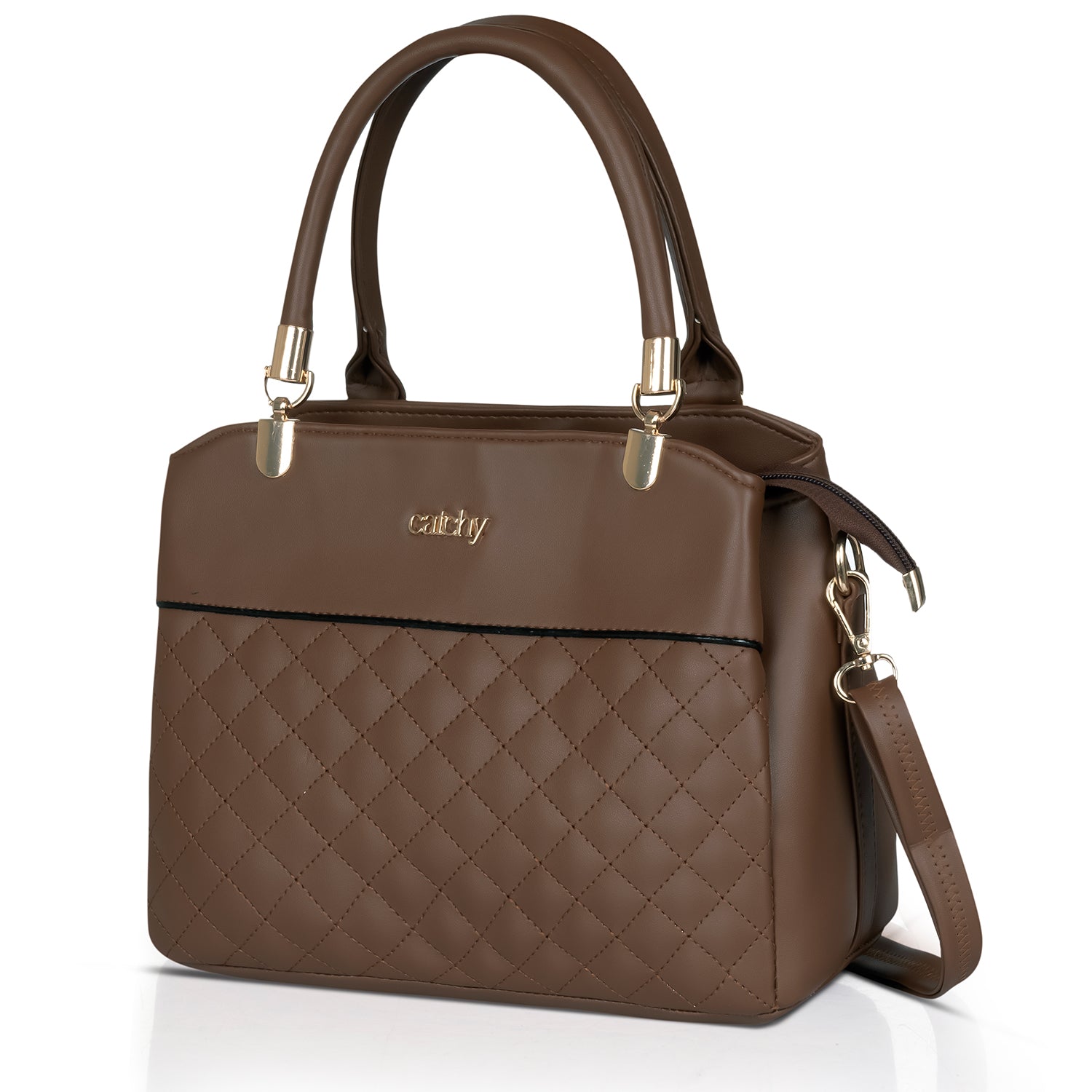 Model holding Elegant Black Quilted Handbag with shoulder strap.