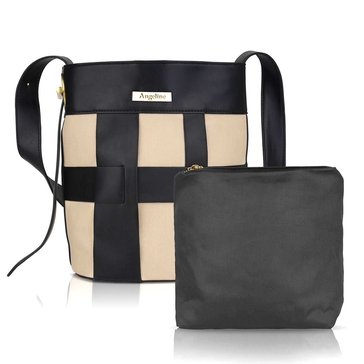 Angeline black and beige checkered canvas tote bag with matching zippered pouch and black shoulder strap.