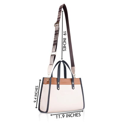 Women's White Structured Handbag with Tan Accents - Medium Size Hand Bag for Work Office & Daily Use
