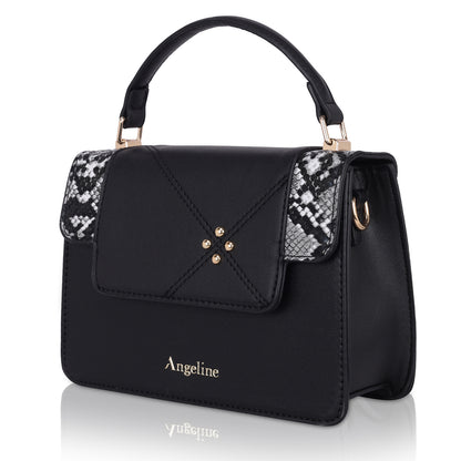 Angeline's Black Designer Sling Bag with Crocodile Pattern and Gold Hardware