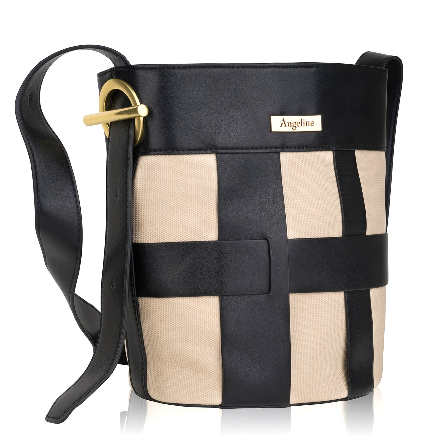 Angeline black and beige checkered canvas tote bag with black shoulder strap and gold hardware.