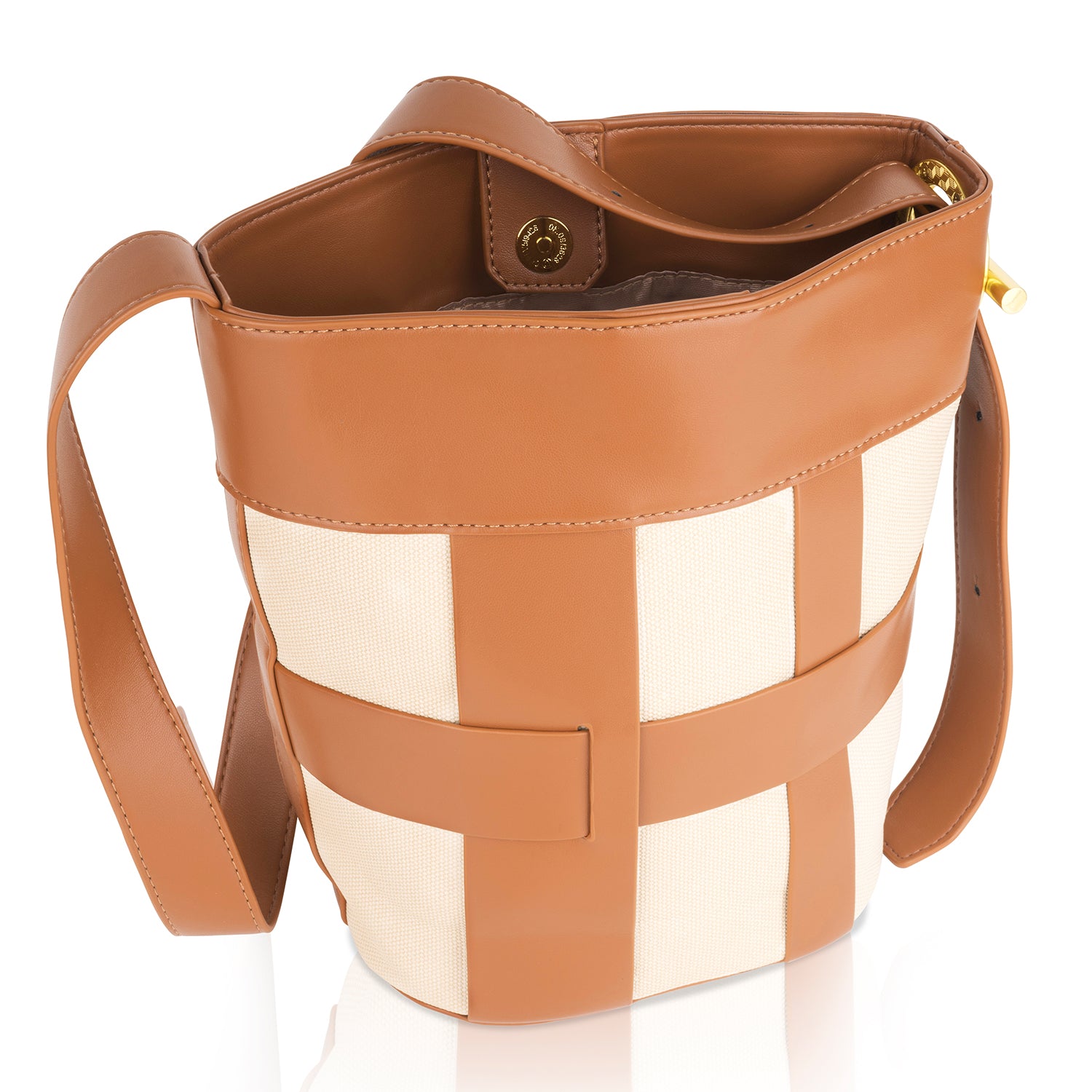 A tan and cream-colored Angeline women's tote bag with a detachable shoulder strap. This stylish canvas handbag is crafted from high-quality materials, offering both durability and trendiness.