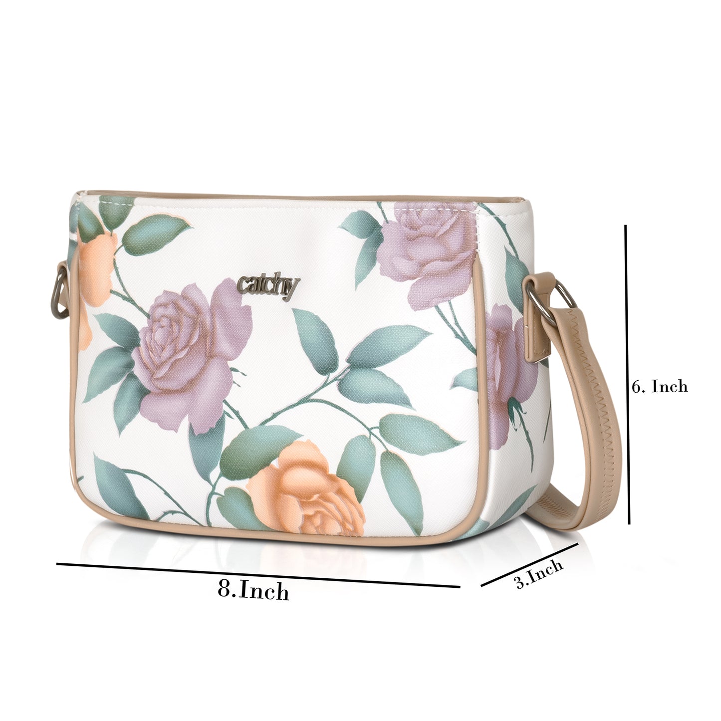 Eye-catching green sling bag with floral print and sturdy metal zipper.