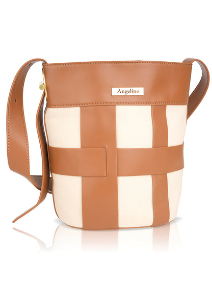 A stylish canvas bucket bag featuring a woven leather pattern and the "Angeline" brand embossed on the front.