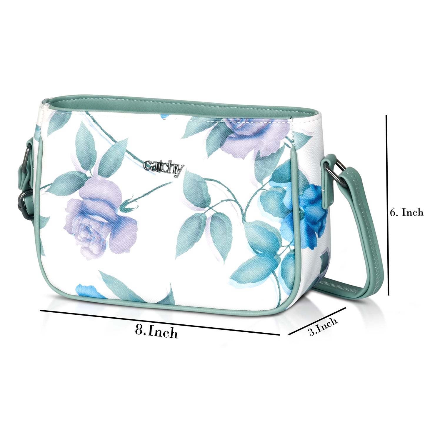 Trendy green sling bag featuring a floral design and secure zip closure.