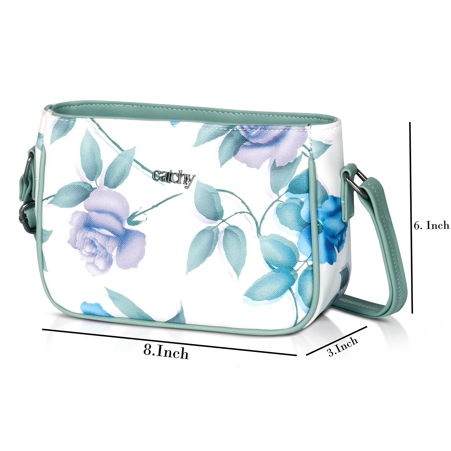 Trendy green sling bag featuring a floral design and secure zip closure.
