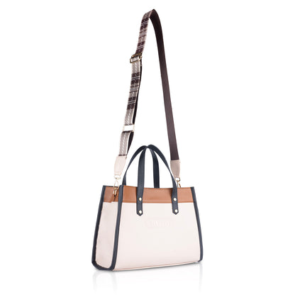 Women's White Structured Handbag with Tan Accents - Medium Size Hand Bag for Work Office & Daily Use