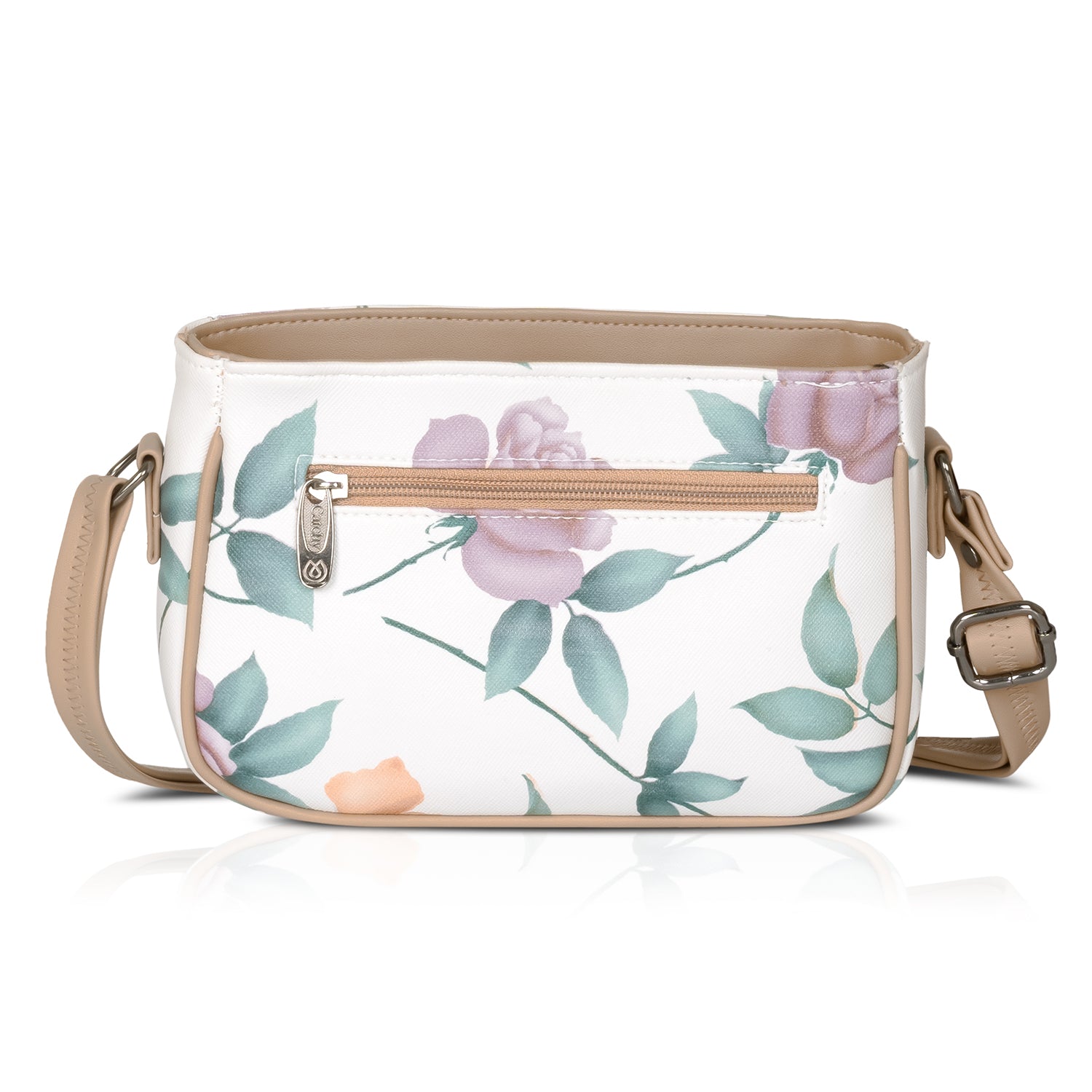 Green floral sling bag with long handle for comfortable crossbody wear.