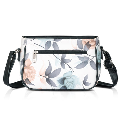 Best trendy green sling bag featuring a floral design and secure zip closure.