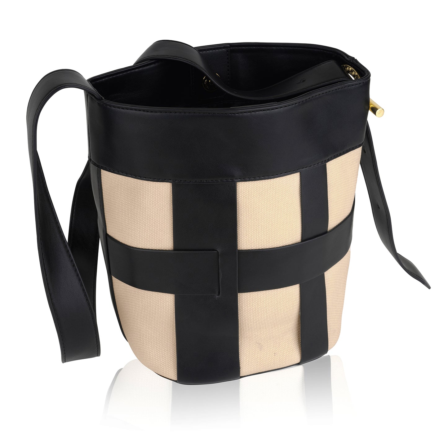 Black and beige checked canvas tote bag with long shoulder strap.