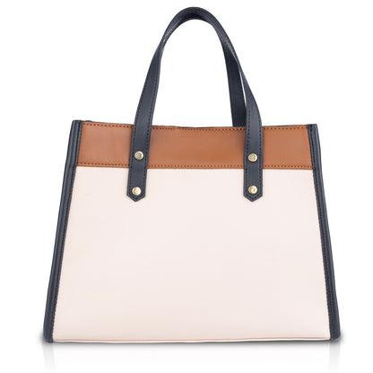 Women's White Structured Handbag with Tan Accents - Medium Size Hand Bag for Work Office & Daily Use
