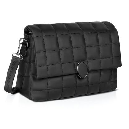 Elegant black shoulder bag with adjustable strap, designed for modern women.