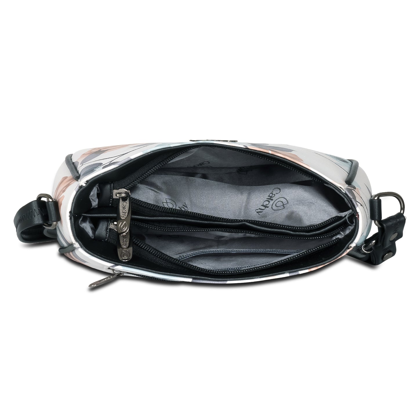 Green floral sling bag with secure closure, perfect for daily essentials.